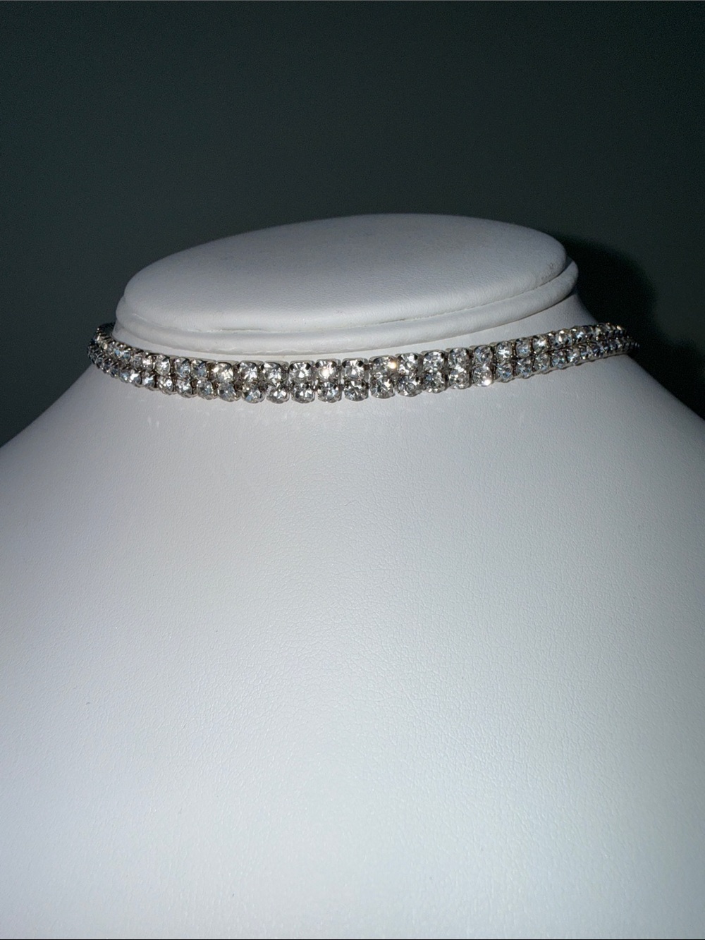 Silver Tone Double Row Rhinestone Crystal Choker Necklace Adjustable